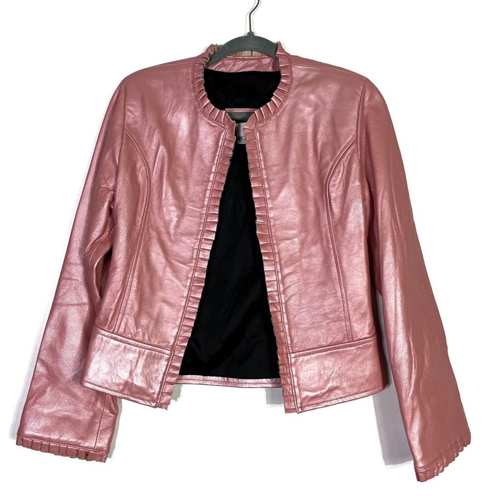 VTG Arella Leather and Sportswear Pink Coral Leather Open Front Jacket Small EUC